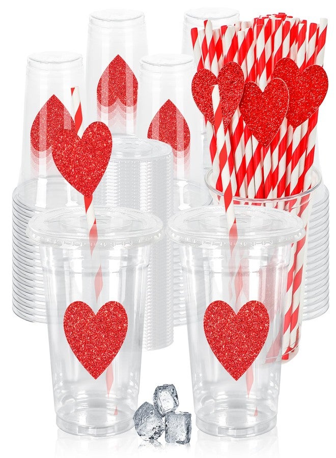 JarThenaAMCS مجموعة جارثينا إيه إم سي إس، ٥٠ قطعة من أكواب بلاستيكية للاستخدام مرة واحدة لعيد الحب، مع أغطية وماصات، سعة ١٢ أونصة، أكواب حفلات مزينة بقلوب حمراء لامعة، أكواب للمشروبات الباردة، لوازم حفلات الزفاف وأعياد الميلاد - Image 1